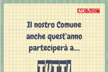 Locandina "tutti a tavola" sfondo giallo/verde: foglio di carta a quadretti. In primo piano a ci sono 4 bambini.