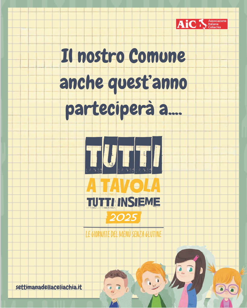 Locandina "tutti a tavola" sfondo giallo/verde: foglio di carta a quadretti. In primo piano a ci sono 4 bambini.
