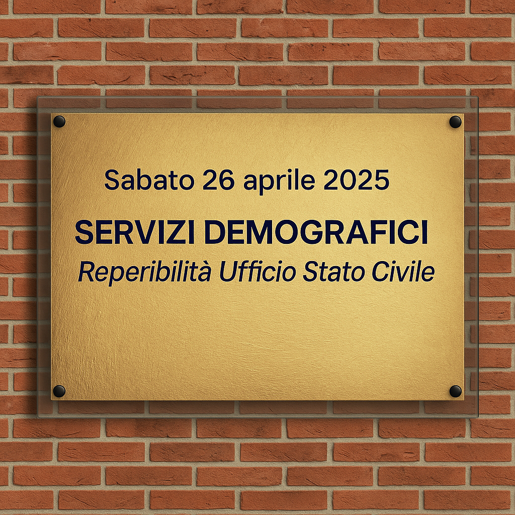 Cartello dorato fissato su un muro di mattoni con la scritta "Lunedì 26 aprile 2025 - Servizi Demografici - Reperibilità Ufficio Stato Civile"