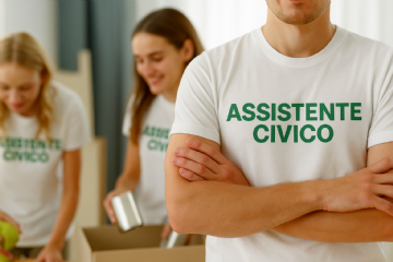 Tre volontari che indossano una maglietta bianca con la scritta verde “Assistente Civico” in un ambiente interno.