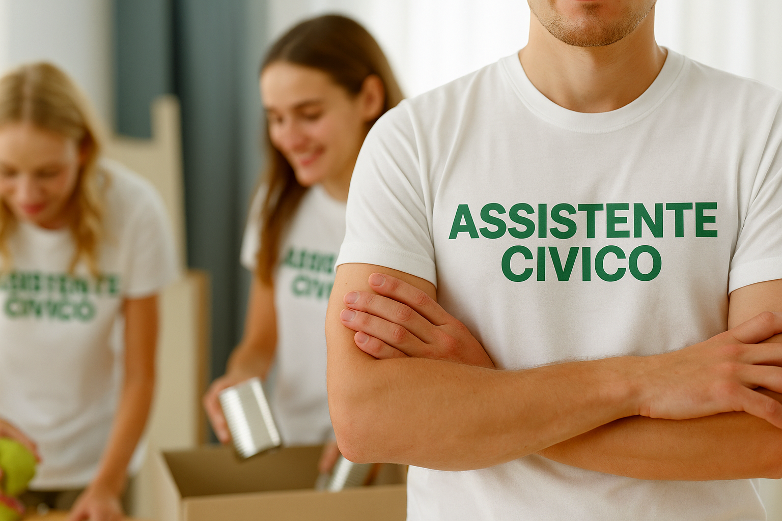 Tre volontari che indossano una maglietta bianca con la scritta verde “Assistente Civico” in un ambiente interno.