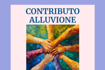 L'immagine mostra un gruppo di mani che si uniscono al centro. Testo: CONTRIBUTO ALLUVIONE" e "Per privati e imprese colpite dalle alluvioni di settembre e ottobre 2024" Sfondo Viola/rossa