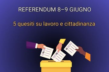 Immagine sfondo viola nel quale ci sono tre mani di diverse etnie che inseriscono le schede elettorali in un'urna, con  "REFERENDUM 2025"