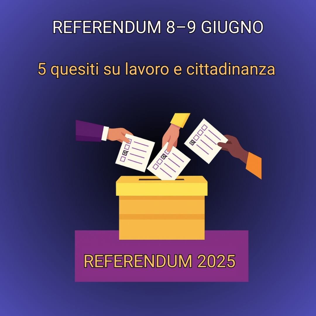 Immagine sfondo viola nel quale ci sono tre mani di diverse etnie che inseriscono le schede elettorali in un'urna, con  "REFERENDUM 2025"