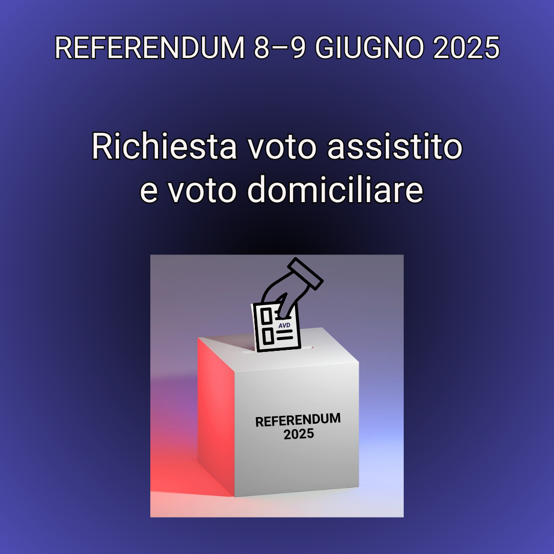 L'immagine mostra un'illustrazione stilizzata di una mano che inserisce una scheda elettorale ADV in un'urna con la scritta "REFERENDUM 2025". Sfondo viola, testo bianco/nero


