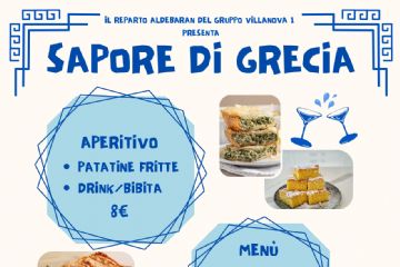 Locandina Sapore di Grecia" organizzato dal Reparto Aldebaran del Gruppo Villanova.  Aperitivo, menù greco, giochi, uno sguardo sul gemellaggio tra Castenaso e Rethymno e show cooking. Sfondo bianco, testo blu