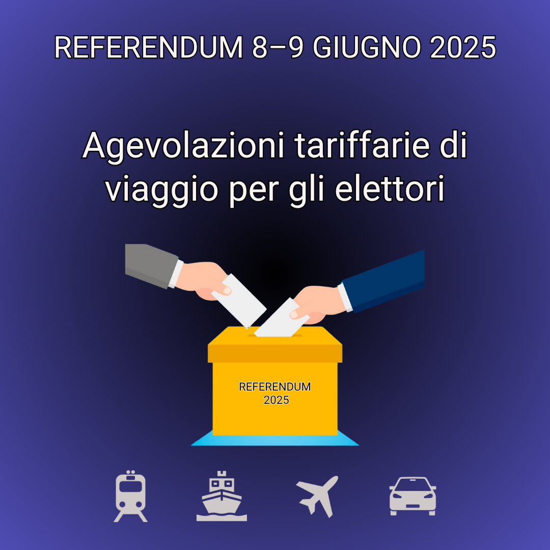L'immagine mostra un'illustrazione stilizzata di due mani che inseriscono una scheda elettorale dentro di un'urna e le icone di vari mezzi di trasporto. Sfondo viola, testo bianco/nero