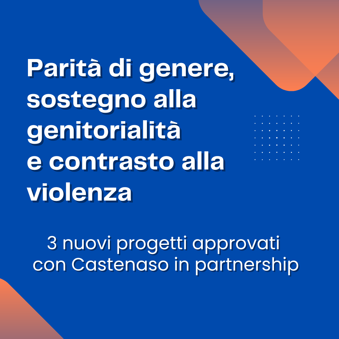 Immagine sfondo blu e forme colore salmone negli angoli, testo bianco "Parità di genere, sostegno alla genitorialità e contrasto alla violenza, 3 nuovi progetti approvati con Castenaso in partnership"