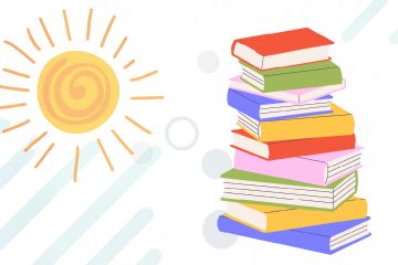 Un'illustrazione con una pila di libri dalle coste colorate sotto un sole splendente