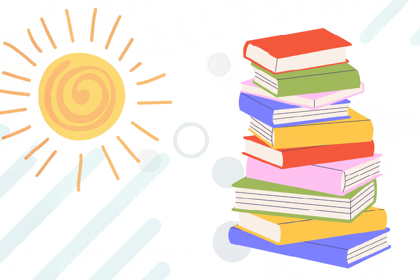 Un'illustrazione con una pila di libri dalle coste colorate sotto un sole splendente