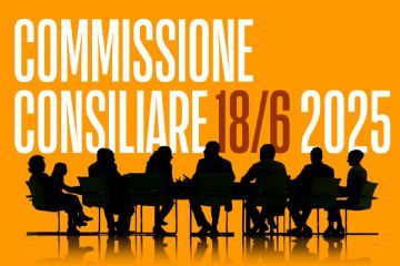 figure stilizzate riunite intorno a un tavolo di lavoro con la scritta "commissione consiliare 18/6 2025"
