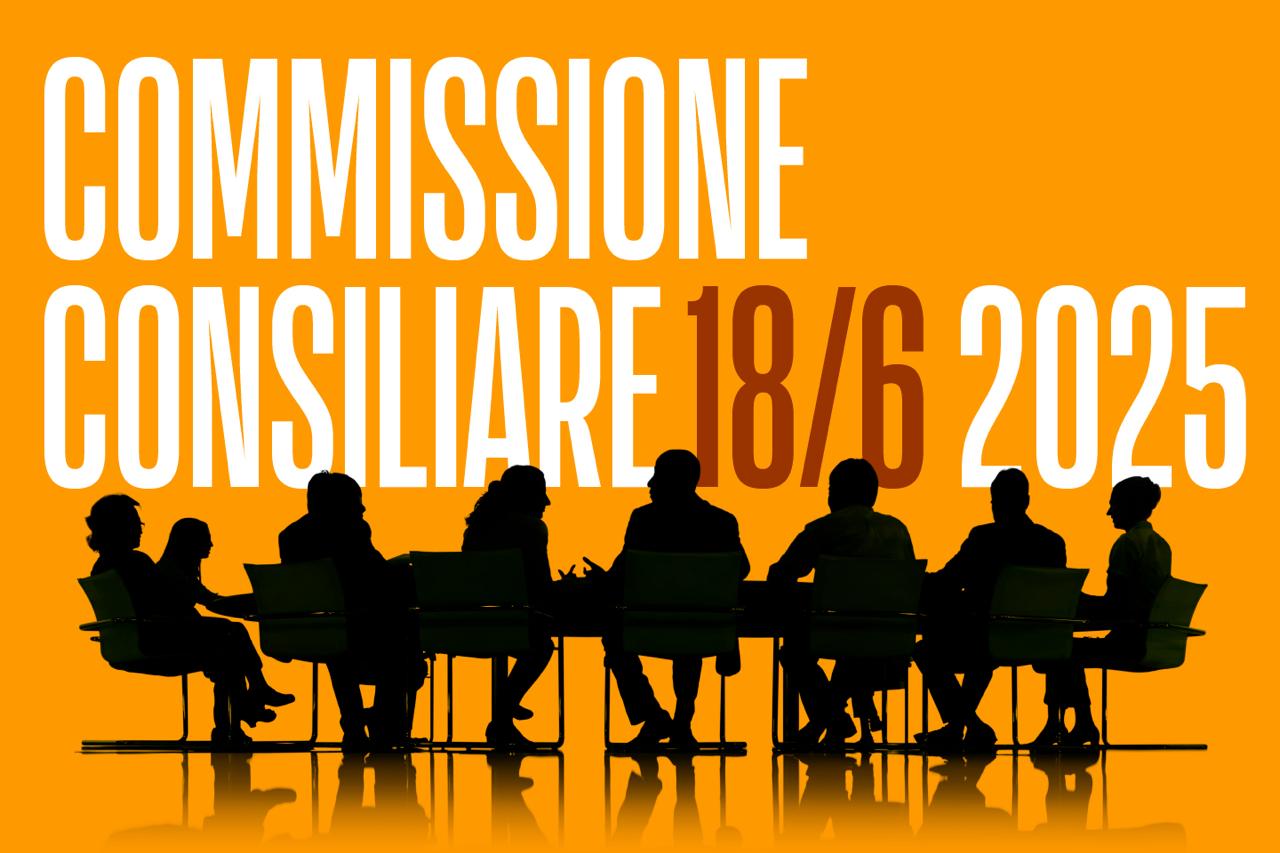 figure stilizzate riunite intorno a un tavolo di lavoro con la scritta "commissione consiliare 18/6 2025"