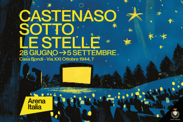 illustrazione con uno schermo cinematografico all'aperto sotto un cielo stellato