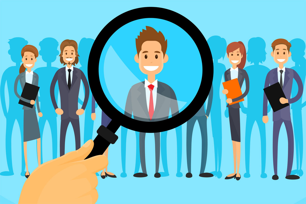 illustrazione con persone dall'aspetto professionale e lente di ingrandimento a ingrandire uno dei candidati