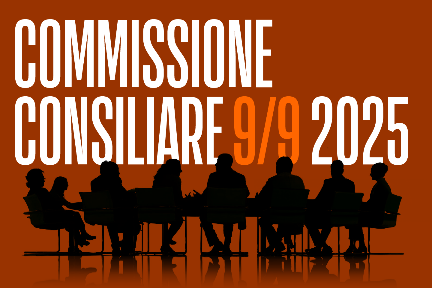illustrazione di uomini e donne seduti intorno a un tavolo con la scrivva "commissione consiliare 9/9/2025"