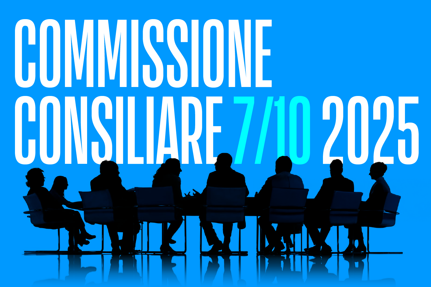 illustrazione di uomini e donne seduti intorno a un tavolo con la scrivva "commissione consiliare 7/10/2025"