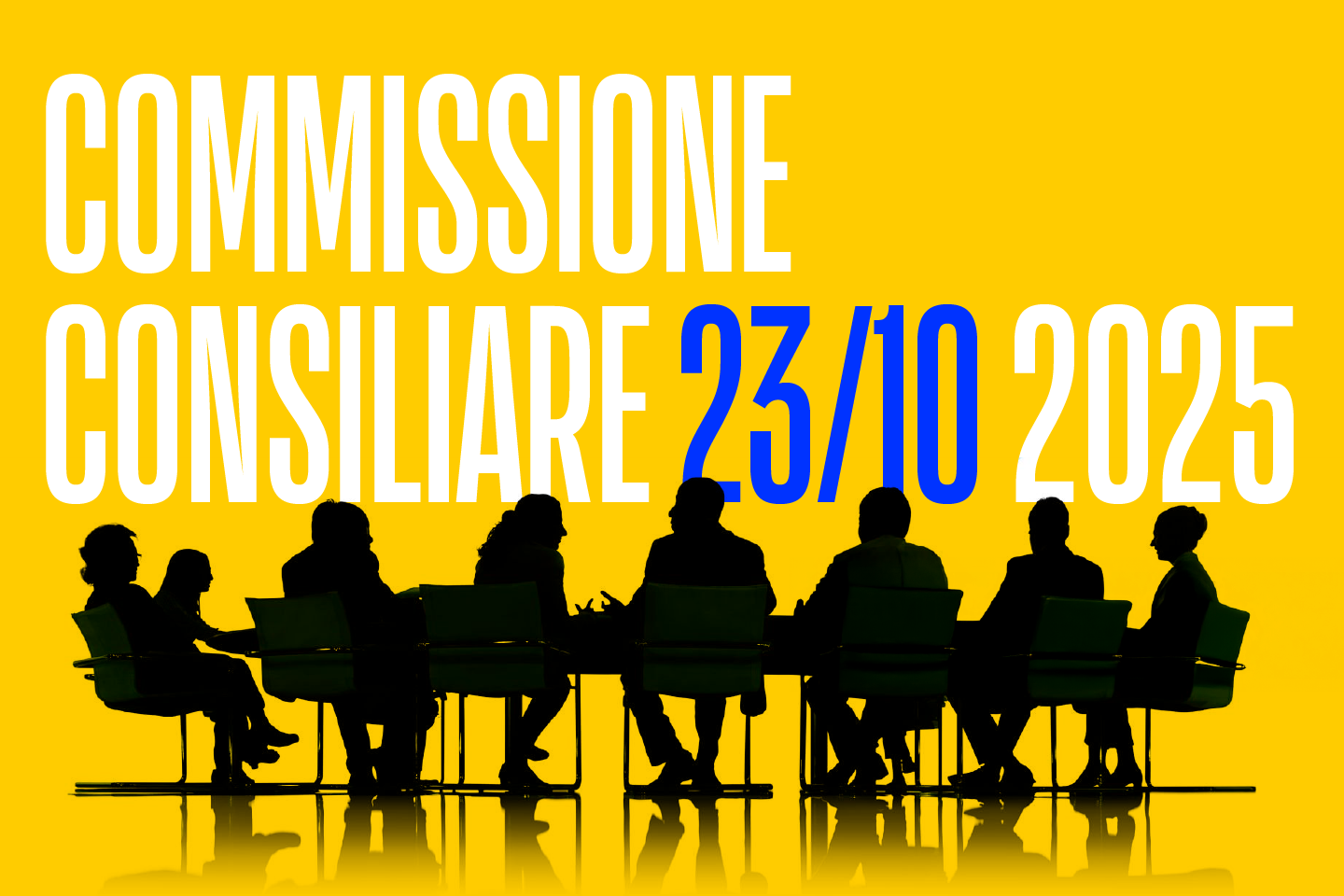 illustrazione di uomini e donne seduti intorno a un tavolo con la scritta "commissione consiliare 23/10/2025"