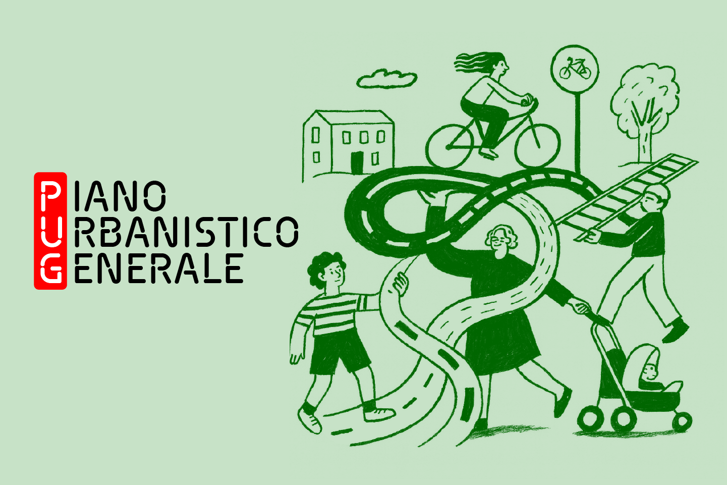 illustrazione con persone nello spazio pubblico e la scritta Piano Urbanistico Generale