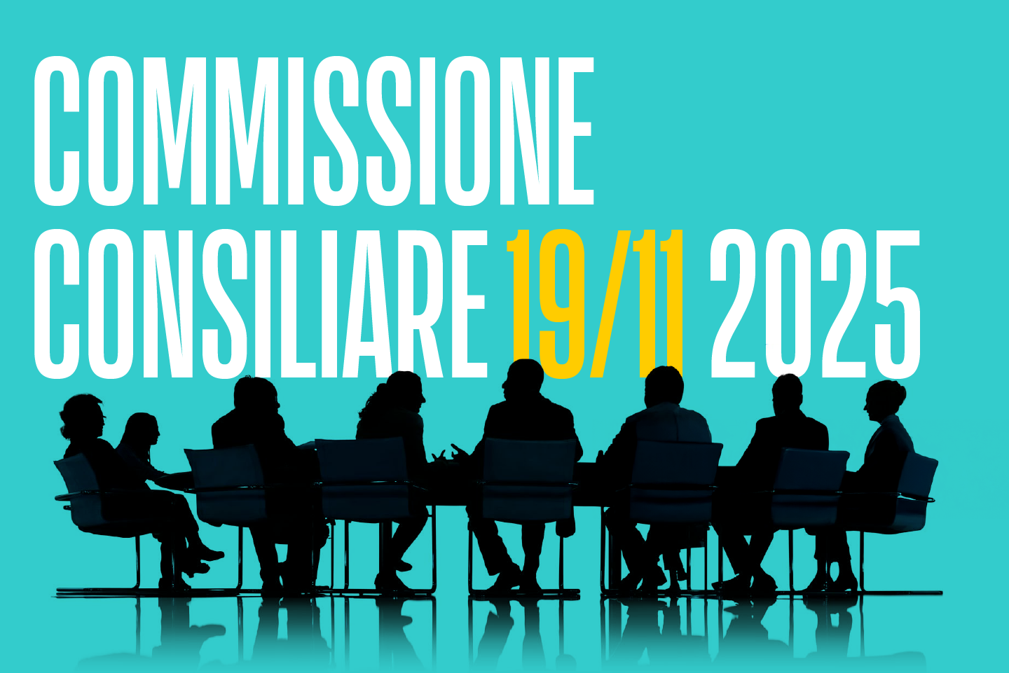 illustrazione di uomini e donne seduti intorno a un tavolo con la scrivva "commissione consiliare 7/10/2025"