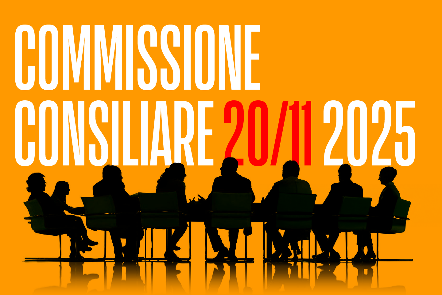 illustrazione di uomini e donne seduti intorno a un tavolo con la scrivva "commissione consiliare 7/10/2025"