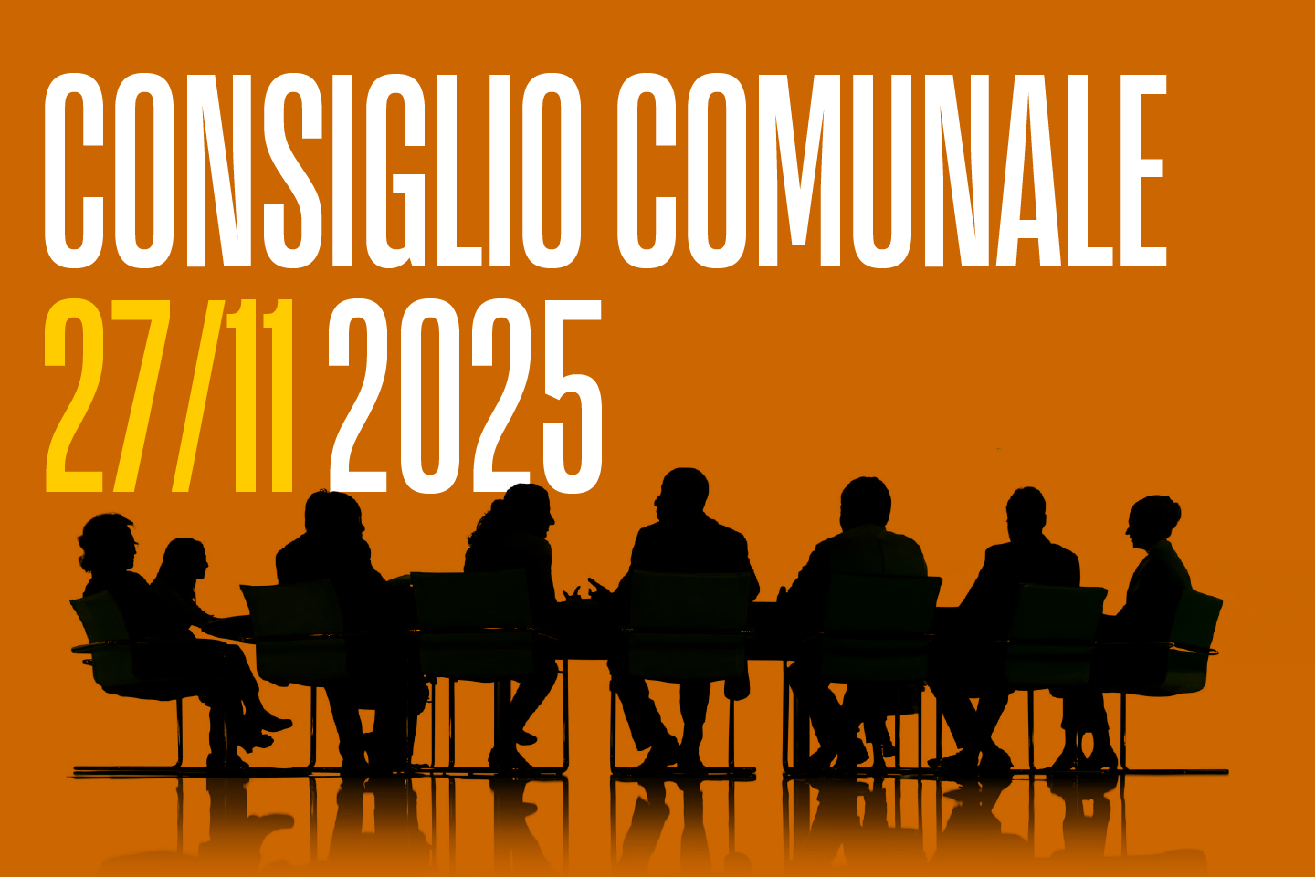 illustrazione di uomini e donne seduti intorno a un tavolo con la scrivva "consiglio comunale 27/11/2025"