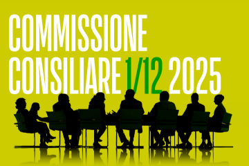 Gruppo di persone sedute attorno a un tavolo, come in una riunione. Sopra le figure, compare la scritta "Commissione consiliare 1° dicembre 2025"