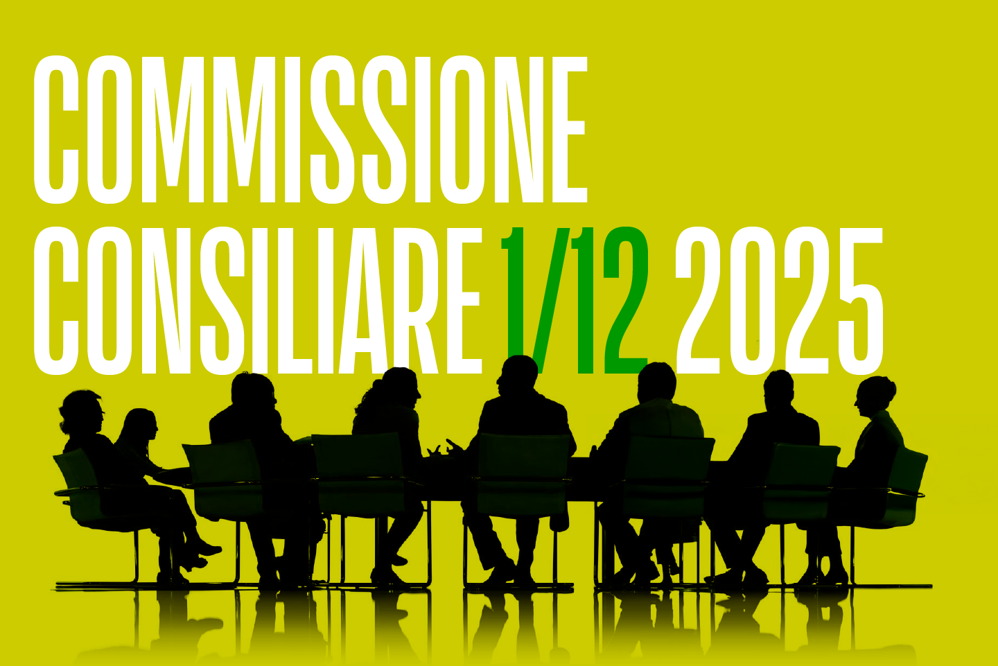 Gruppo di persone sedute attorno a un tavolo, come in una riunione. Sopra le figure, compare la scritta "Commissione consiliare 1° dicembre 2025"