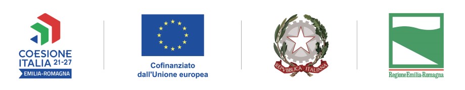 L'immagine riporta i quattro loghi dei soggetti finanziatori: il logo unico nazionale per la politica di coesione 2021-2027, declinato per l’Emilia-Romagna, l’emblema dell’Ue, accompagnato dalla scritta Cofinanziato dall’Unione europea, seguito da quello degli altri enti finanziatori: Repubblica italiana e Regione Emilia-Romagna.